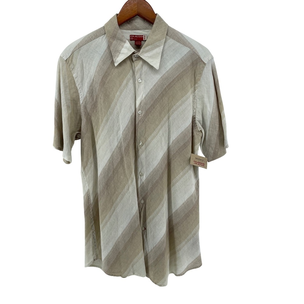 Guess Camp Shirt Mens XL Linen Cotton Diagonal Design Short Sleeve Shirt Tan